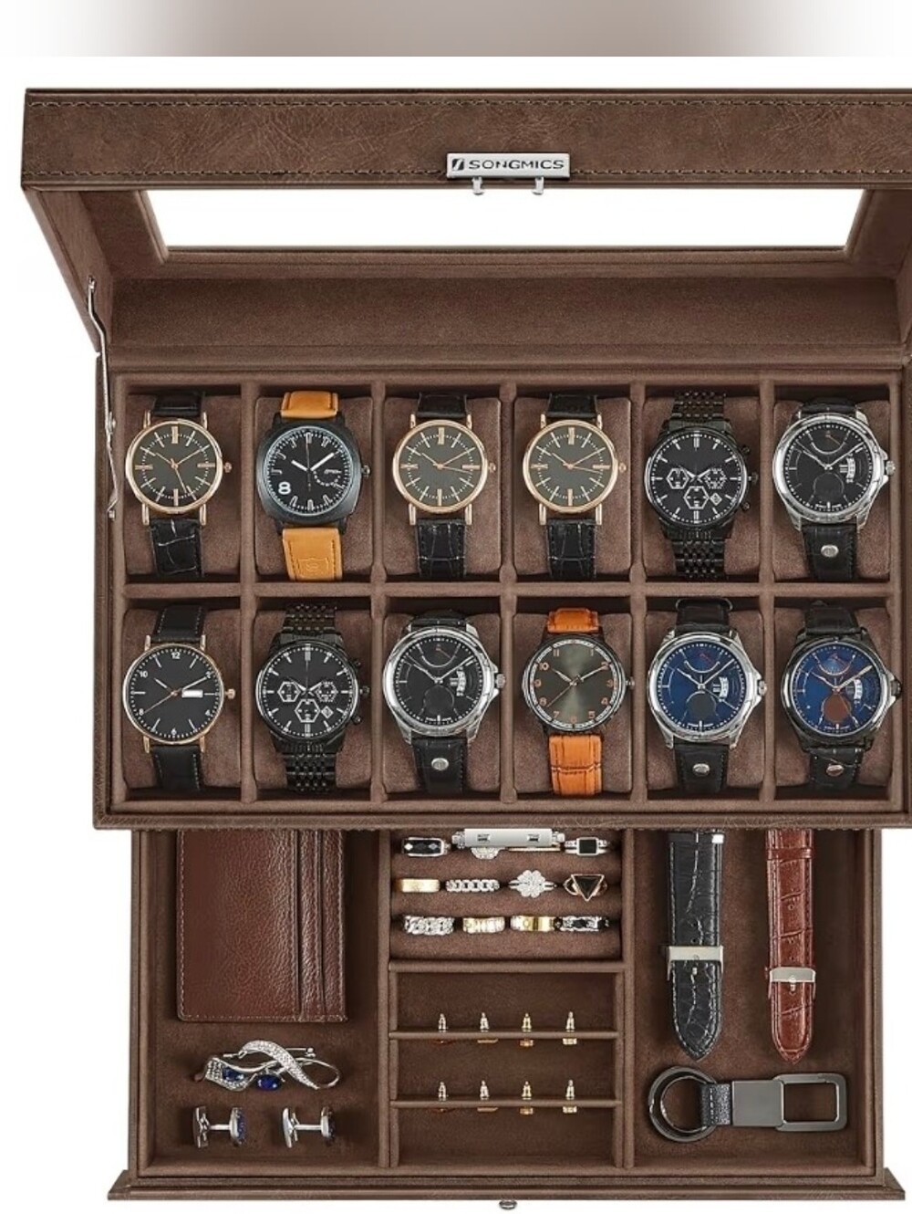 12-Slot Watch & Jewelry Case Organizer with Glass Lid - Brown Synthetic Leather
